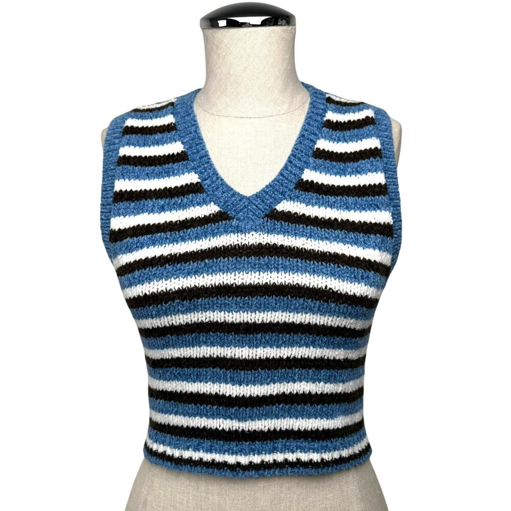 American Vintage Striped Chenille Sweater Vest Blue Brown Sz M Preppy Academic
